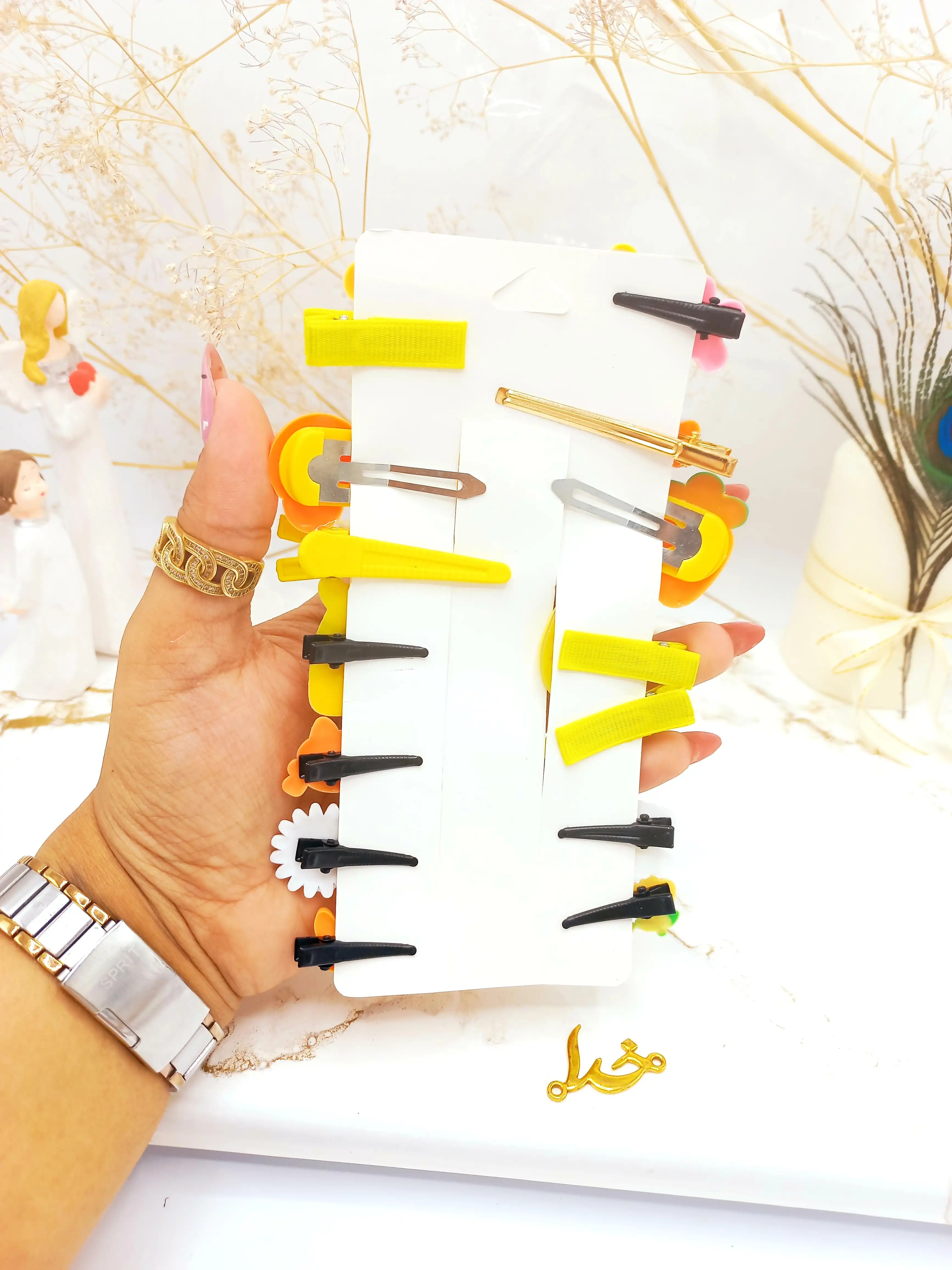 پک گیره و پنس مو دخترانه حیوانات زرد 14 عددی