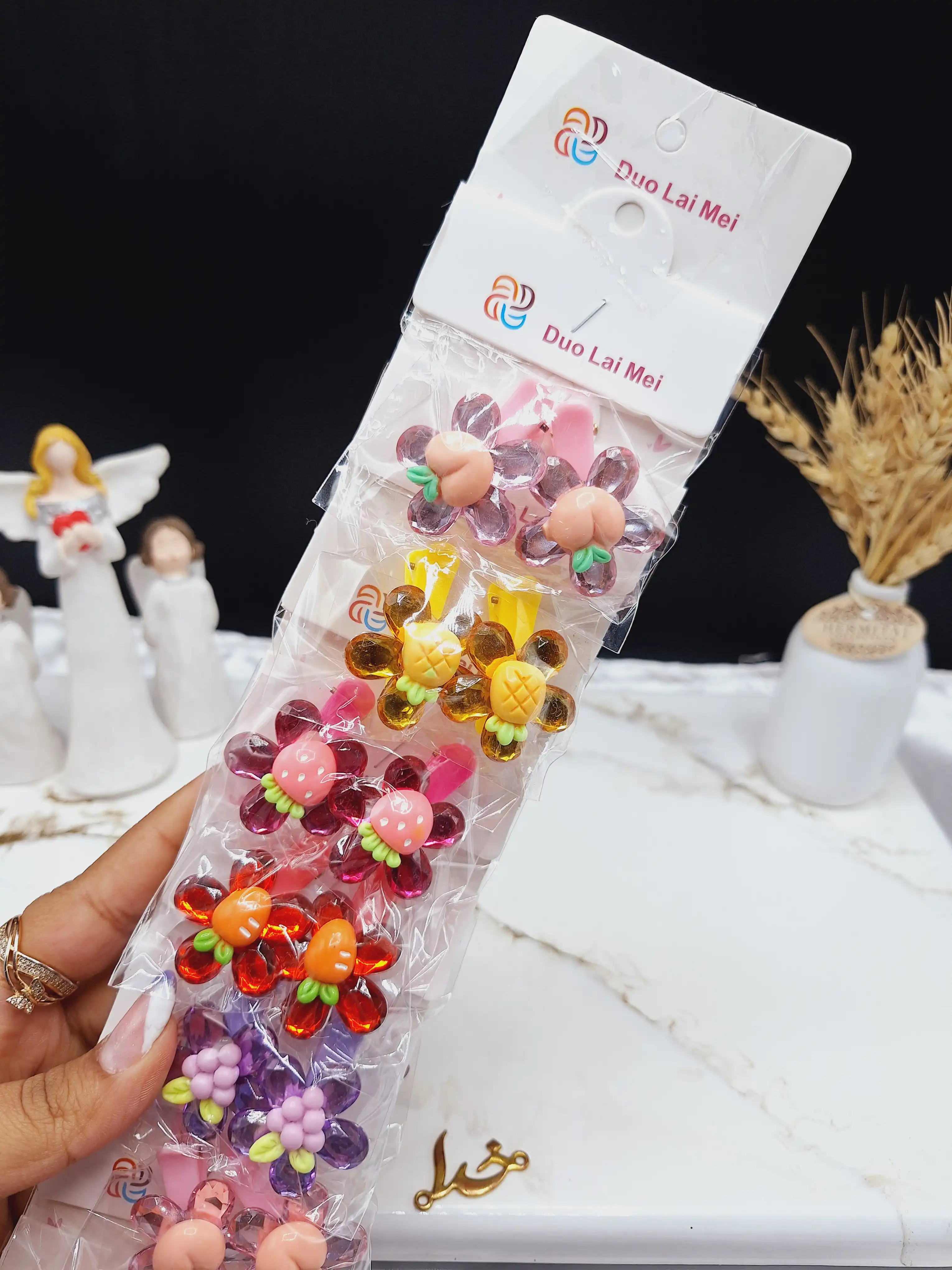 پک 10 عددی پنس مو طرح گل میوه ای طرح دوم
