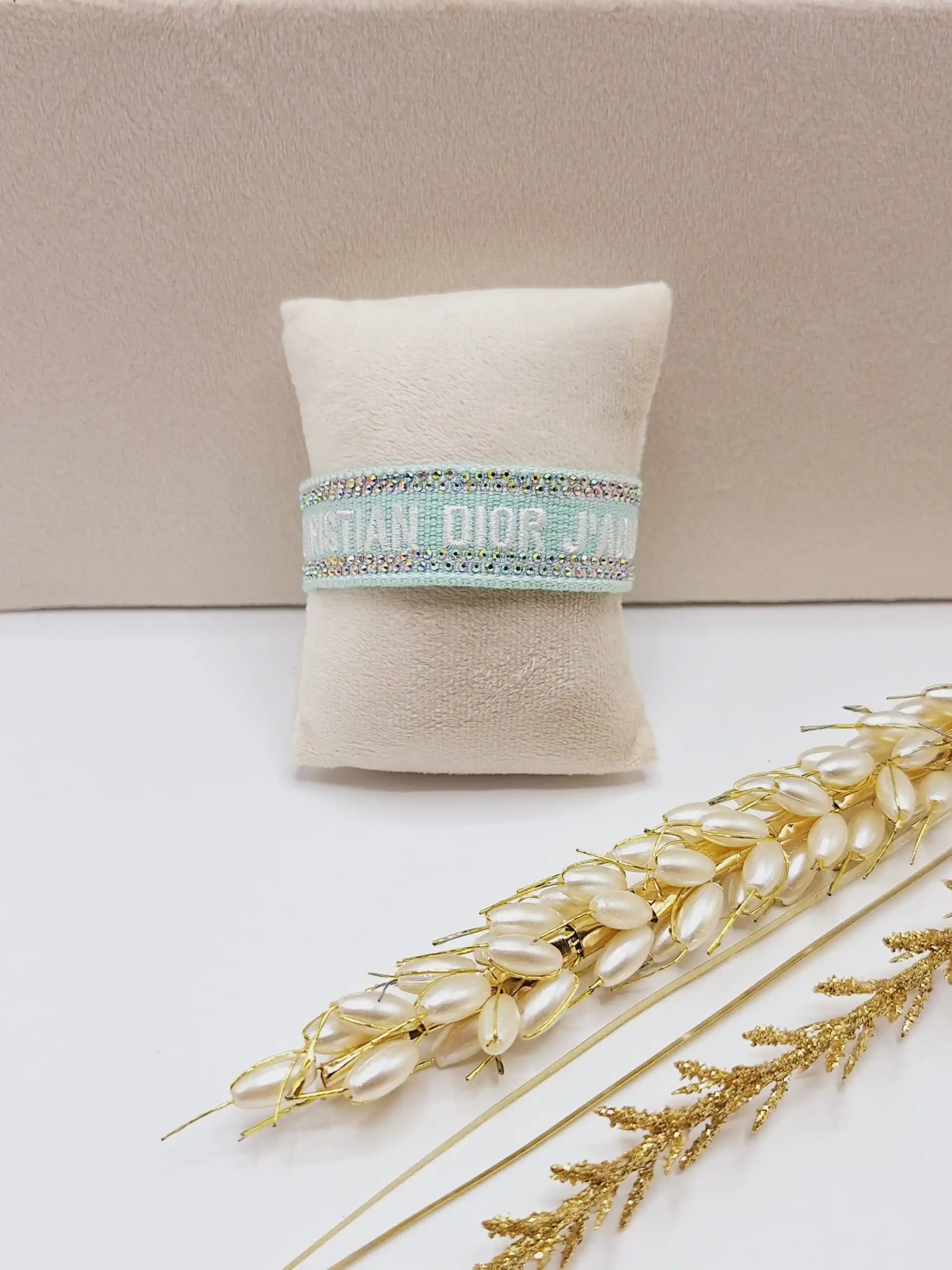 دستبند پارچه ای نگین دار CHRISTIAN DIOR (رنگ سبز آبی)